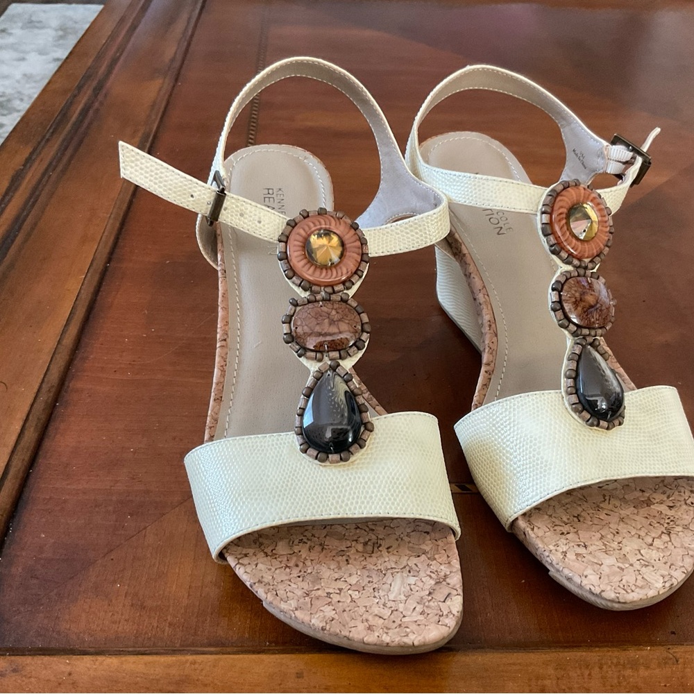 Kenneth Cole Reaction Cream T-Strap Wedge Sandals with Gem Accents